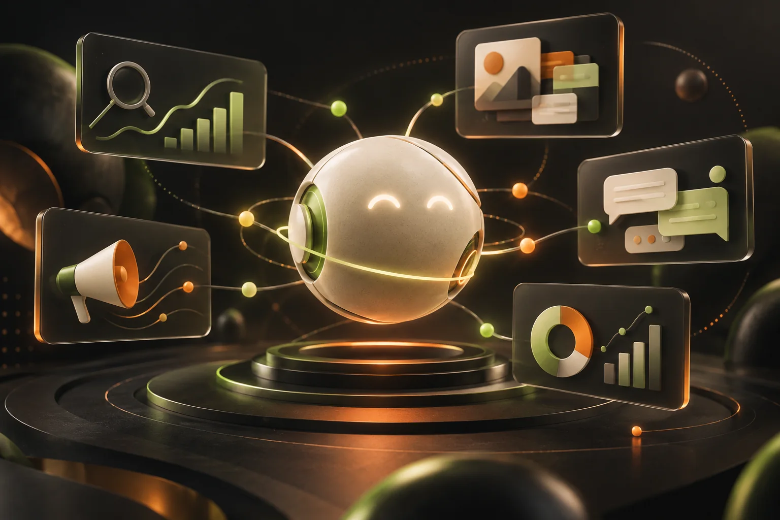 AI agent coordinating search, content, customer messages, and marketing analytics
