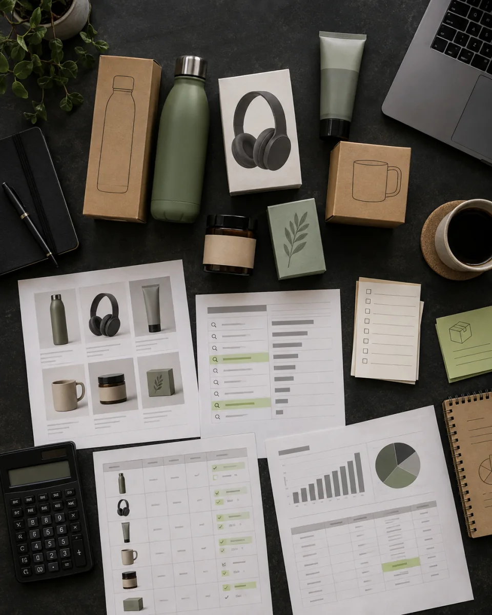 Unbranded products arranged with catalog, search and margin planning documents