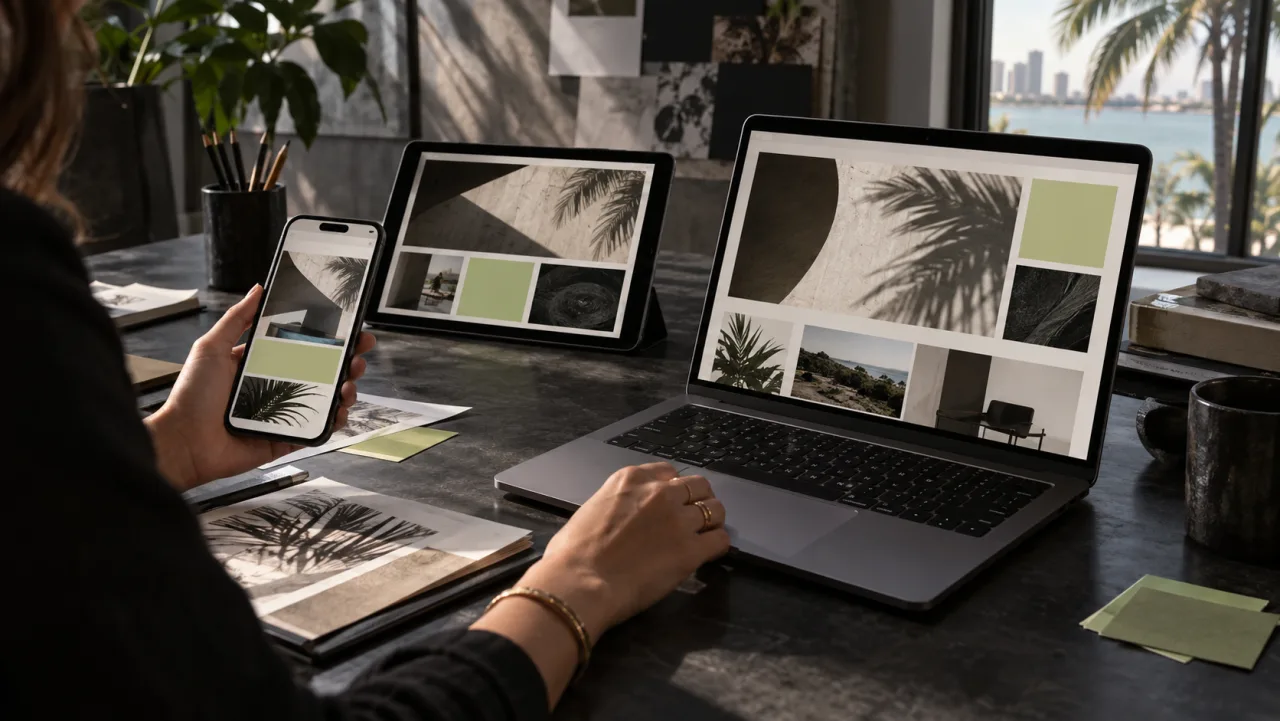 Responsive website system displayed across phone, tablet, laptop and desktop screens