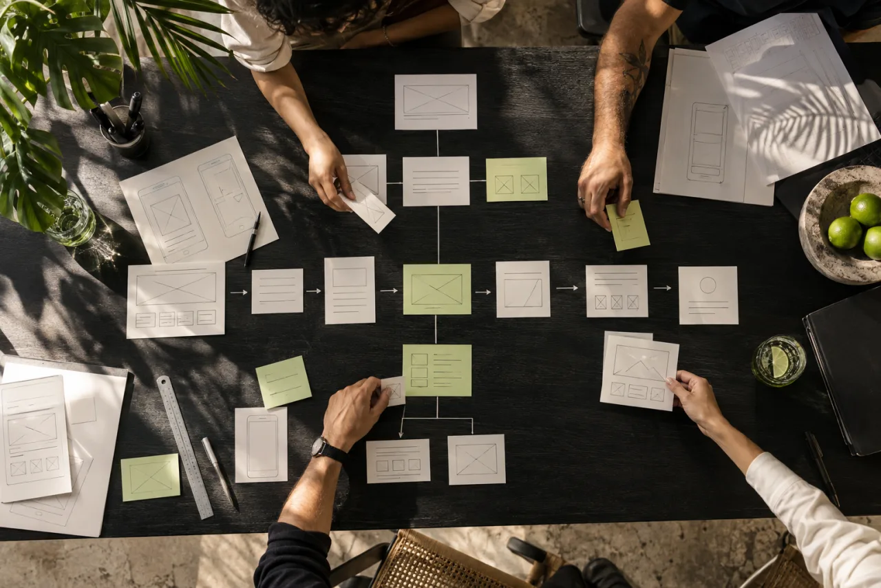 Website planning workshop with wireframes, user flows and interface components