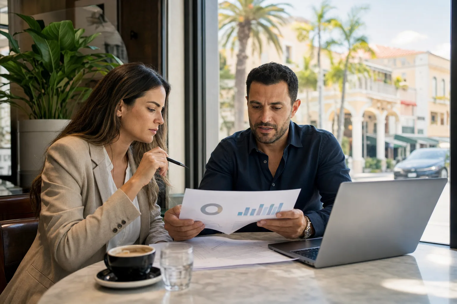 Miami business owner and marketing strategist reviewing an online reputation report in a Coral Gables café.