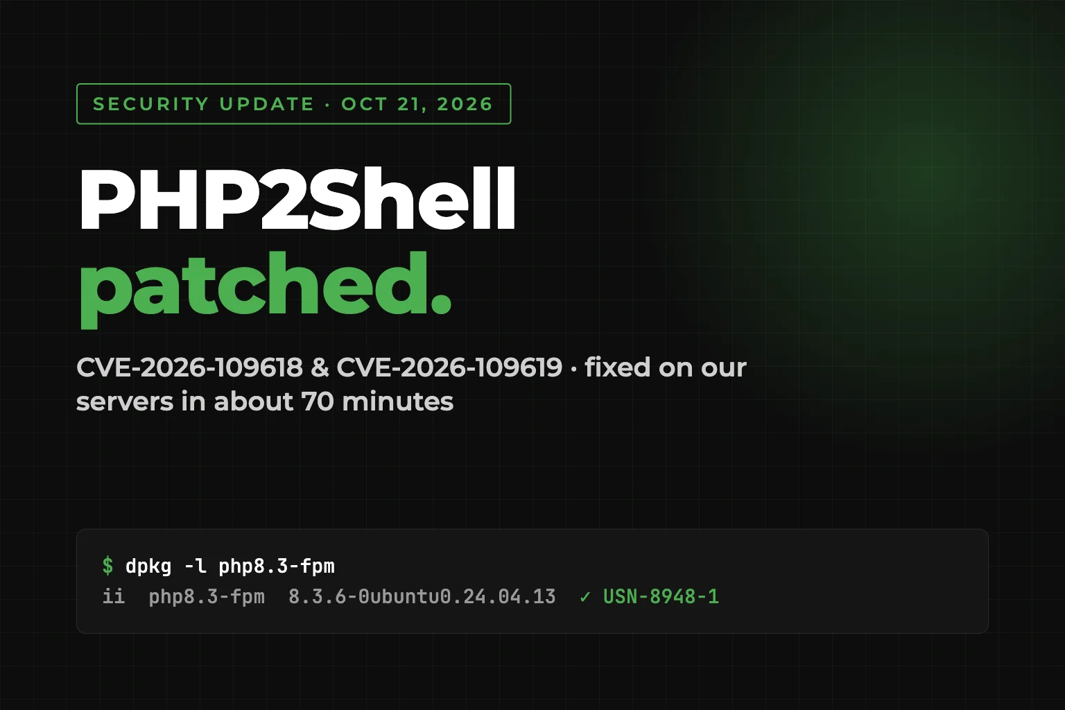 Security update graphic: PHP2Shell patched, showing the fixed Ubuntu PHP 8.3 package build.