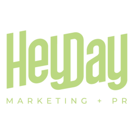 Logo with "HeyDay Marketing + PR" in light green text on a black background.